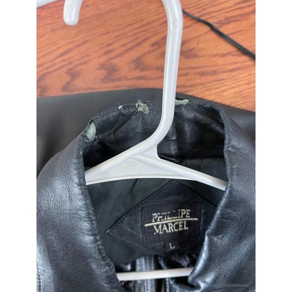 Men's Phillipe Marcel Large Black Leather Coat Zip - Picture 7 of 8